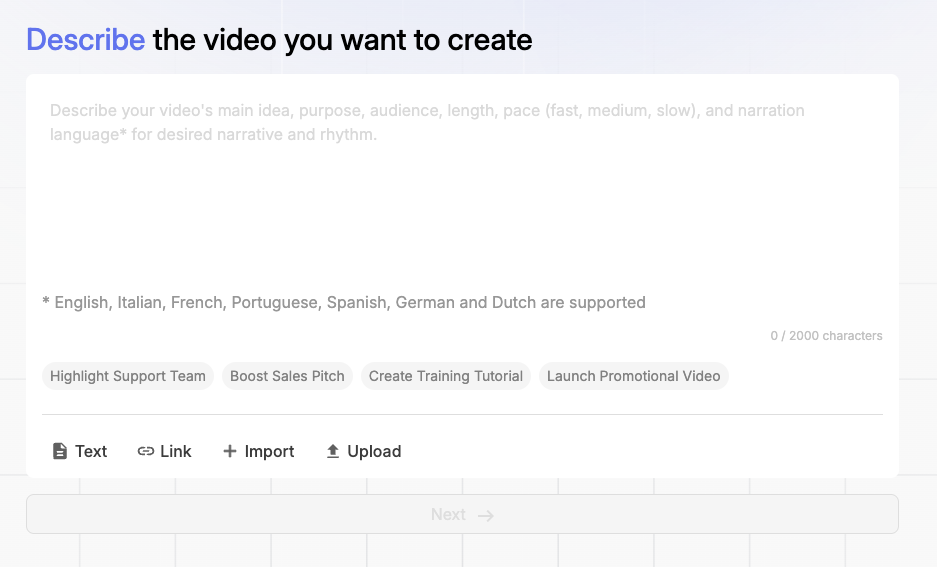 The new Visla interface for creating a video with the help of AI. 
